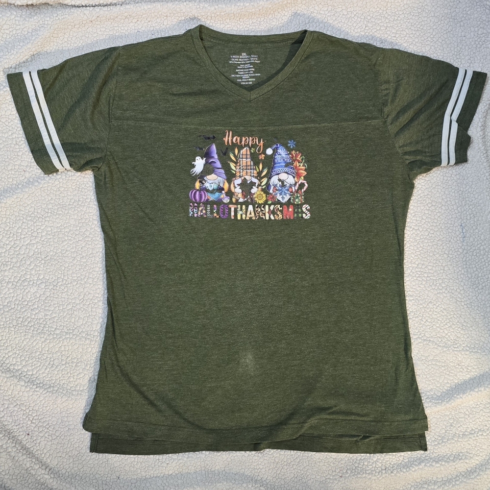HalloThanksMas Holiday Gnome Varsity Jersey Tee Shirt Green 2XL Halloween